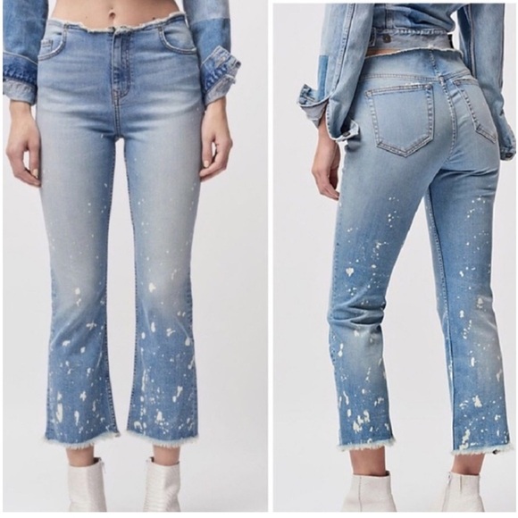 Free People The Cropped Bootcut Jeans denim Raw Waistband Bleach Spots Size 28 - Picture 2 of 7